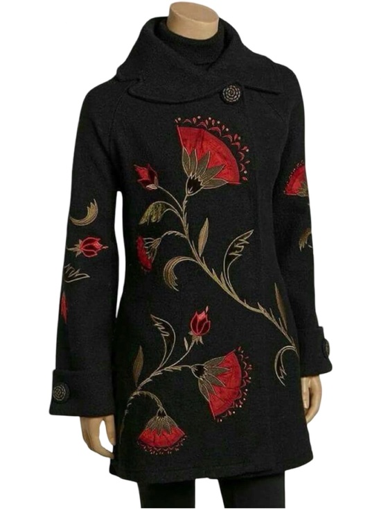 Covelo Jackets & Blazers - Gorgeous Statement Floral Embroidered Covelo Art Wear  Black Wool Coat 🌹 Sz L